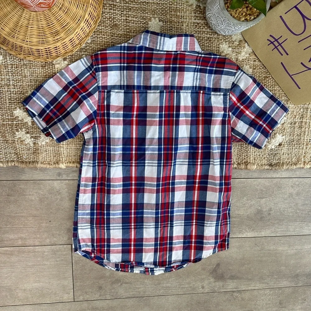 New Wrangler Boys Plaid Button Down Short Sleeve Shirt Size Small Red White Blue
